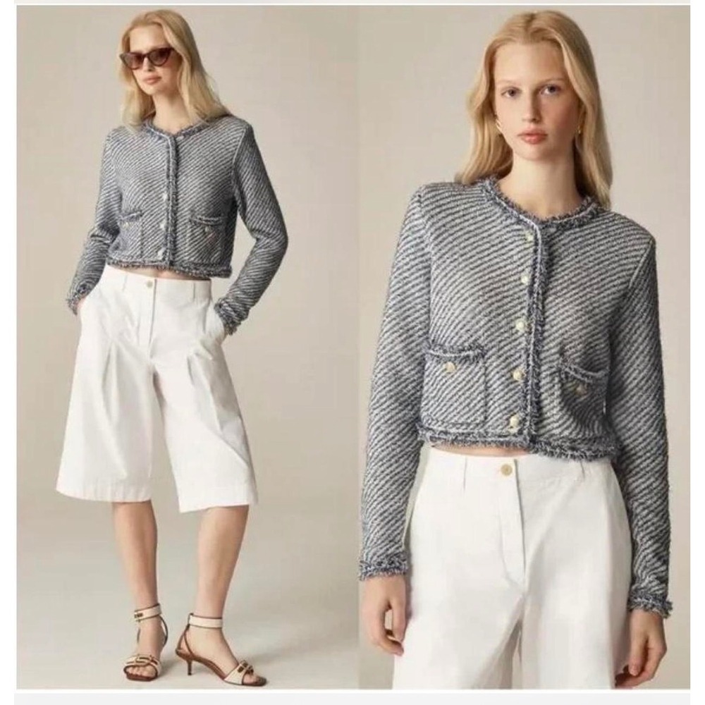 J.Crew Collection Lady Jacket Blue White Striped Tweed‎ Cropped Fringe Cardigan